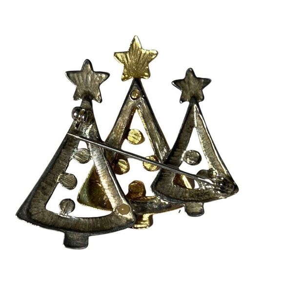 Vintage Christmas Tree Trio Pin Silver and Gold Rhinestone Holiday Brooch - Picture 3 of 4